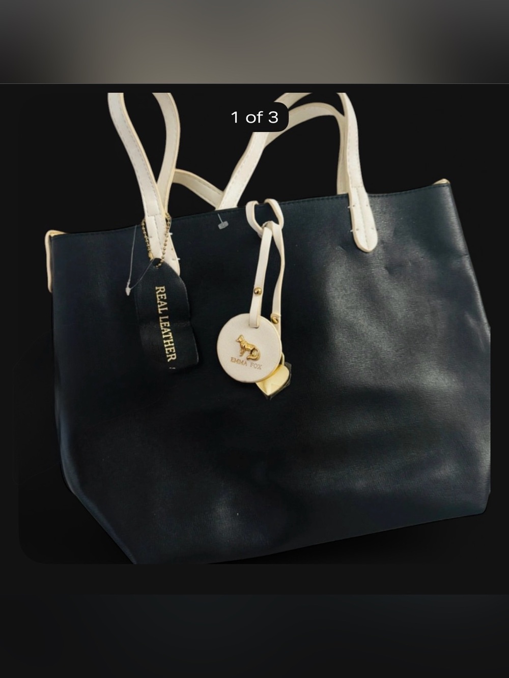 Emma Fox Black Leather Tote with Cream Accents